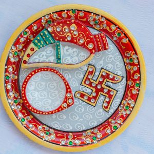 Hand-Painted Marble Pooja Thali with Swastik & Kalash Motif (Puja Thali)